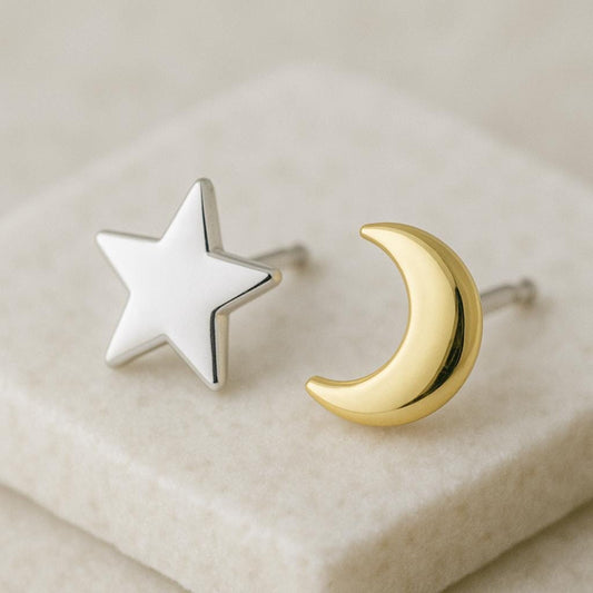 Sterling Silver Moon and Star Stud Earrings | Celestial Jewelry
