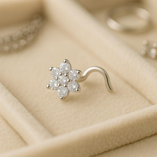 925 Silver Flower CZ Nose Pin • Sterling Floral Pin • Dainty • Sparkle Jewelry