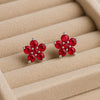 Sterling Silver Red Flower Stud Earrings | 925 Floral CZ Earrings | Gift for Her | Christmas