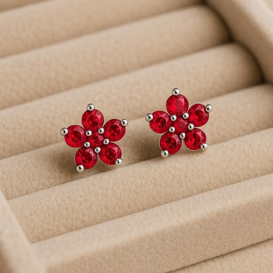 Sterling Silver Red Flower Stud Earrings | 925 Floral CZ Earrings | Gift for Her | Christmas