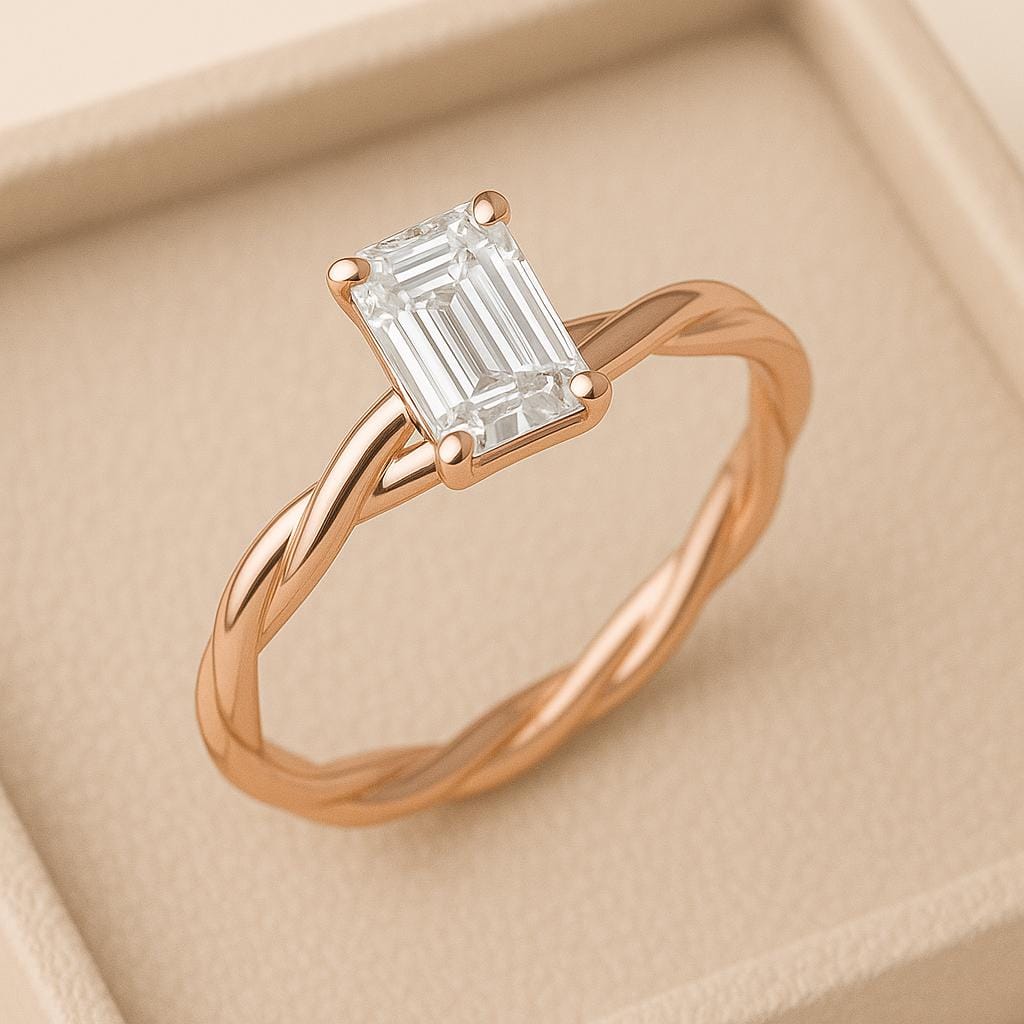 Sterling Silver Emerald Cut CZ  | 925 Twisted Band Solitaire Ring | Minimalist Engagement