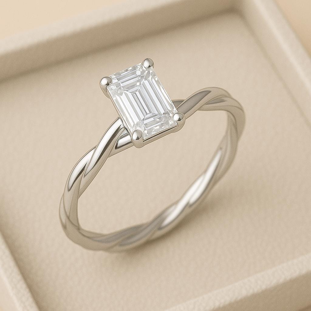 Sterling Silver Emerald Cut CZ  | 925 Twisted Band Solitaire Ring | Minimalist Engagement