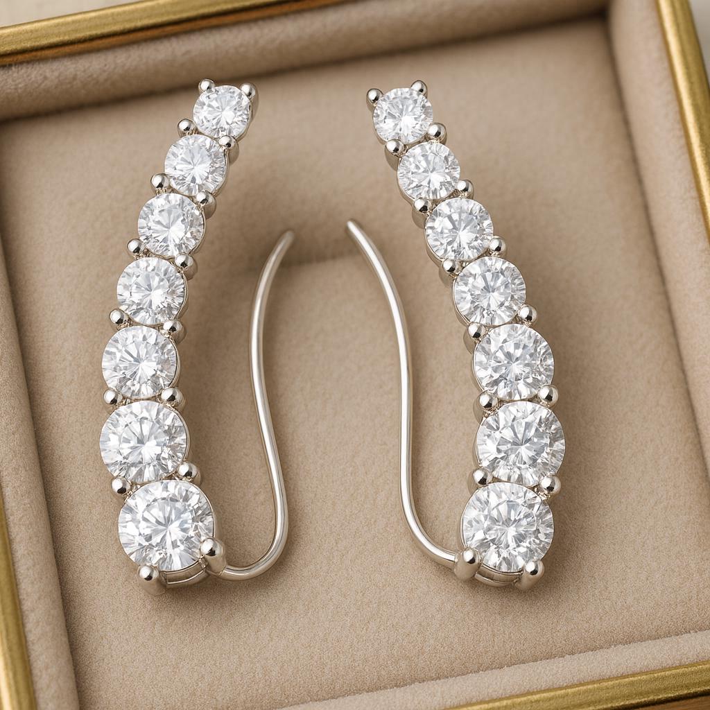 Sterling Silver CZ Ear Climber Earrings | 925 Graduated Stone Crawlers | Minimalist Curve Earrings