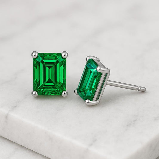 Sterling Silver Emerald Cut Green CZ Stud Earrings | 925 Silver Rectangular Gemstone