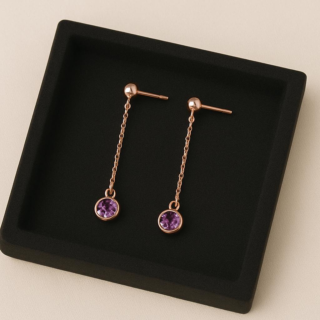 Sterling Silver Amethyst Drop Earrings • Minimalist Dangle Studs
