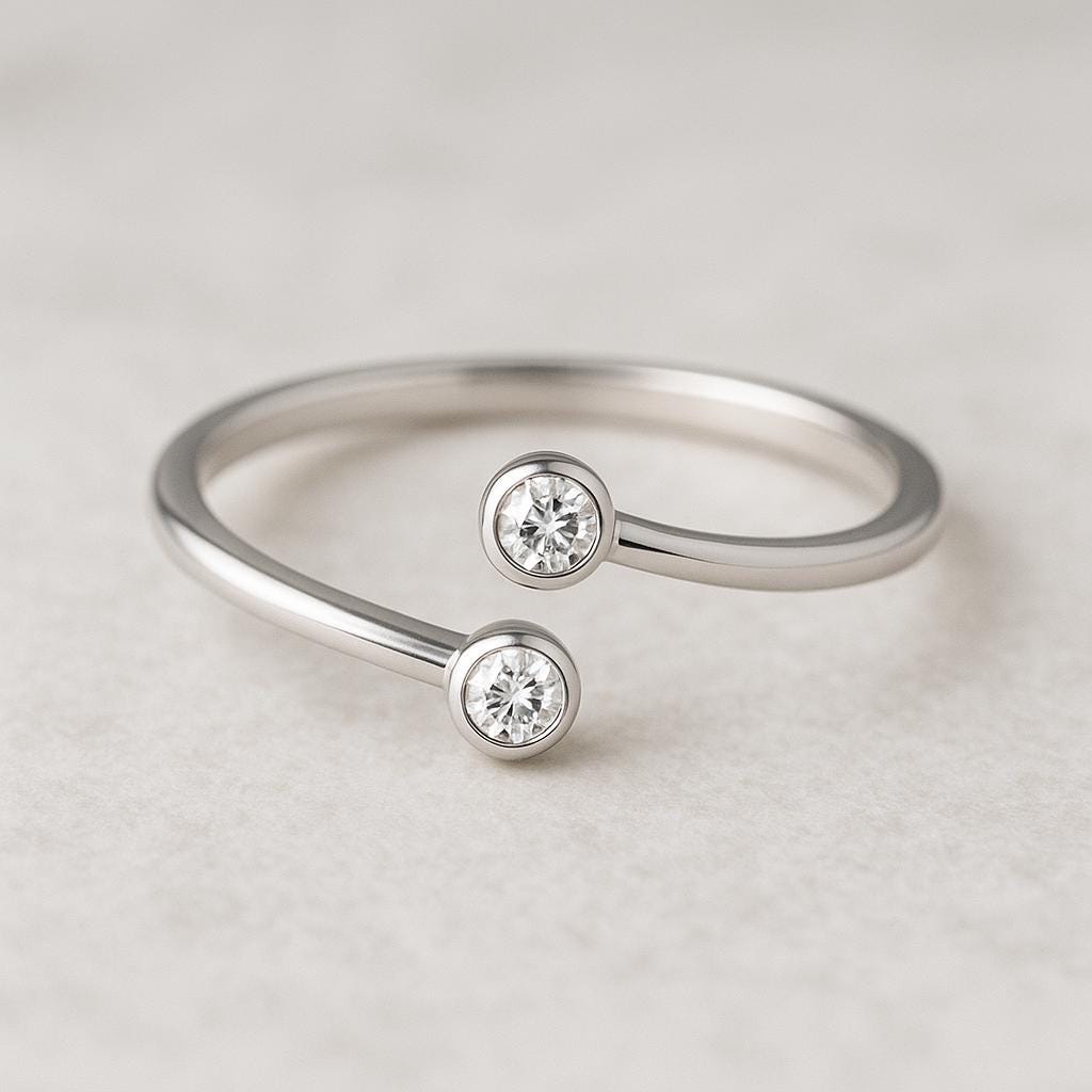 Sterling Silver Open CZ Ring • 925 Minimal Bezel Ring • Dainty Adjustable Duo Stone •