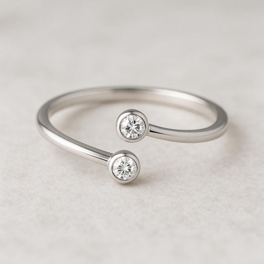Sterling Silver Open CZ Ring • 925 Minimal Bezel Ring • Dainty Adjustable Duo Stone •