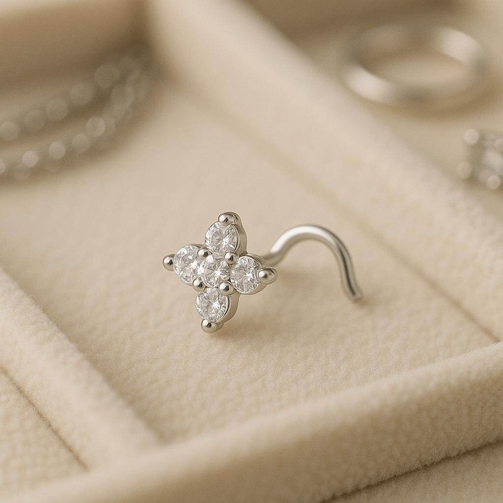 925 Silver Nose Pin • Floral CZ Nose Stud • Sterling Flower • Dainty Jewelry