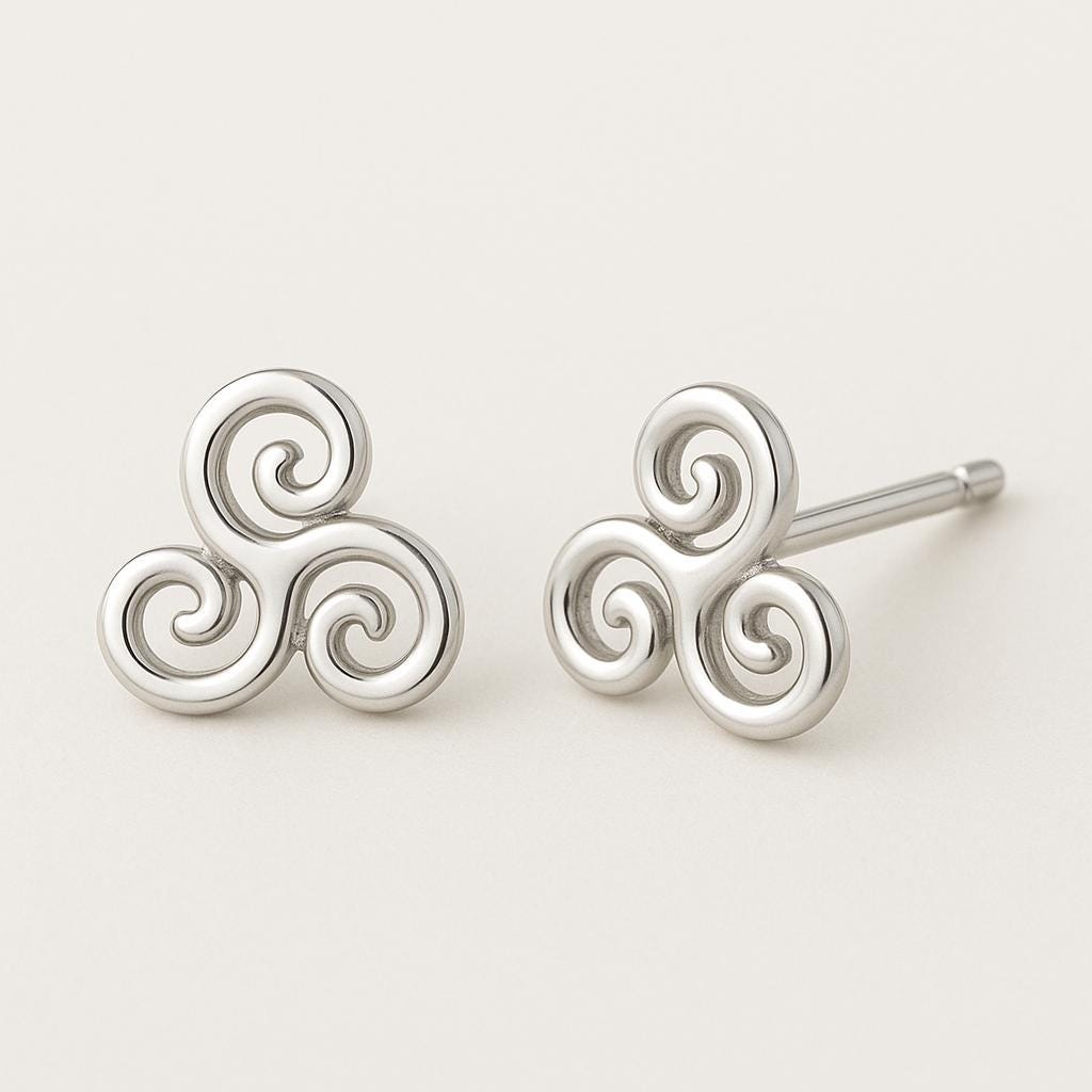 925 Silver Triskelion Stud Earrings • Triple Spiral Celtic Studs • Minimalist Earrings for Women