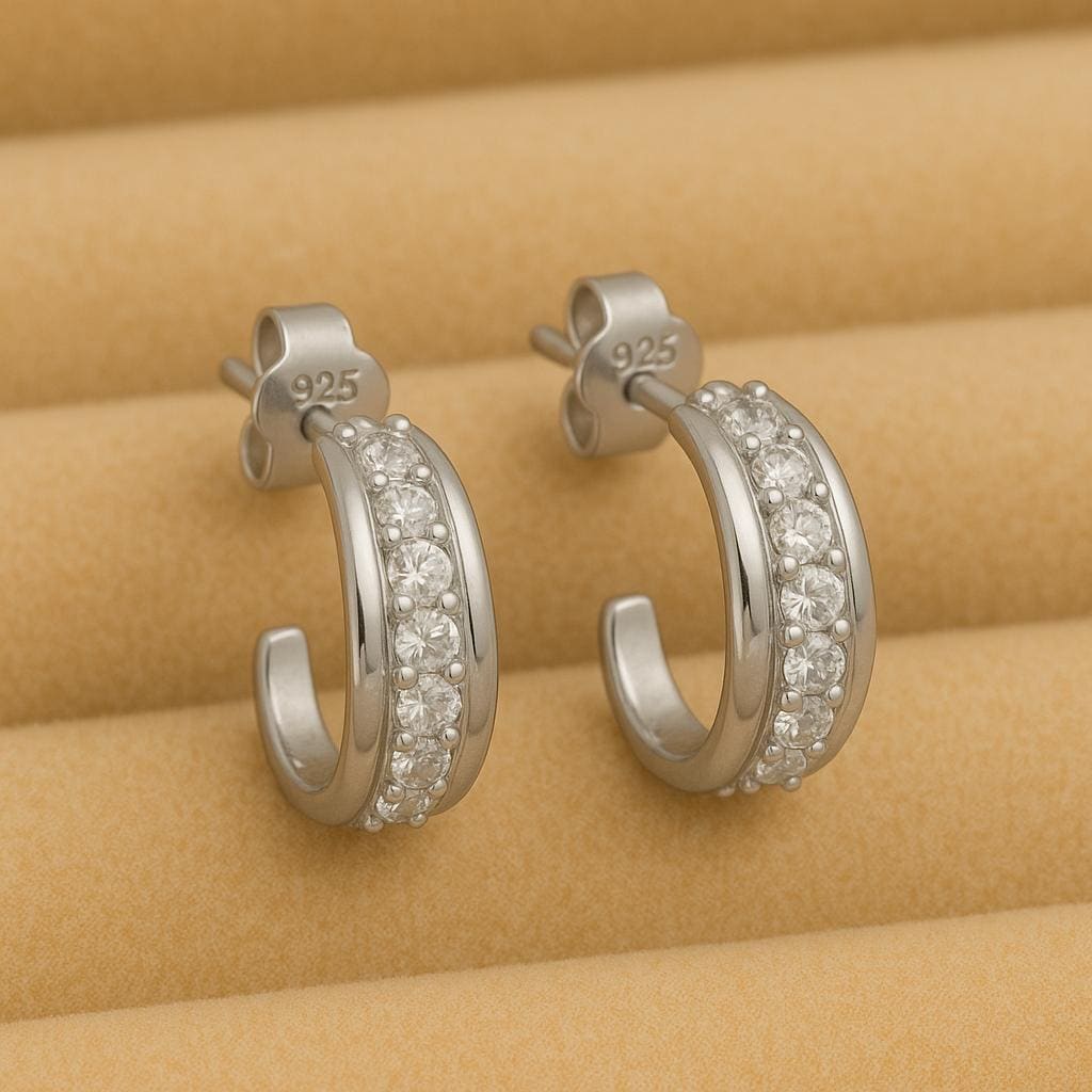 925 Silver CZ Huggie Earrings | Small Half Hoop Studs | Minimal Everyday Jewelry