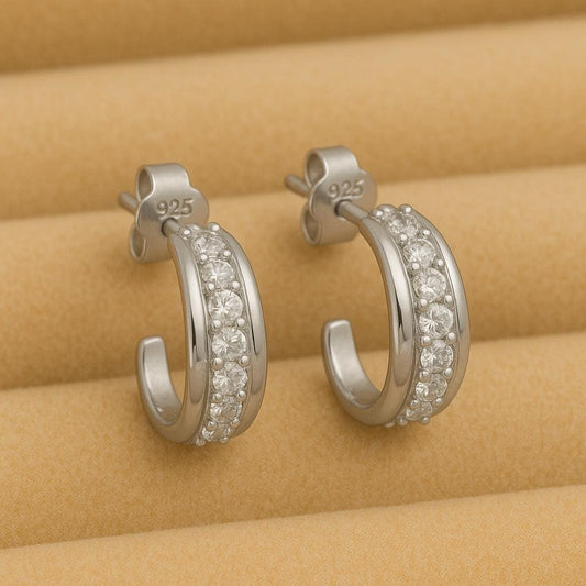 925 Silver CZ Huggie Earrings | Small Half Hoop Studs | Minimal Everyday Jewelry
