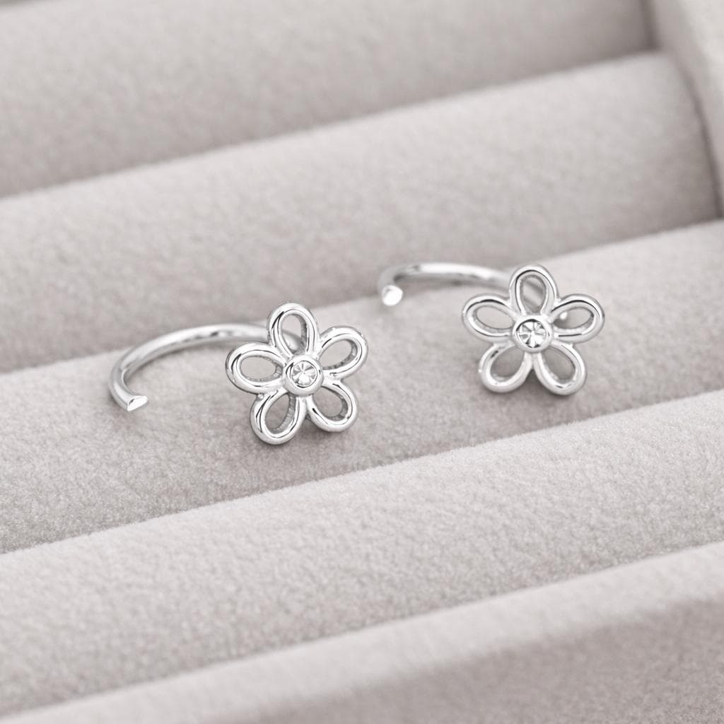 925 Silver Flower Ear Cuff | CZ Floral Stud | Minimal Silver Wrap | Dainty Jewelry