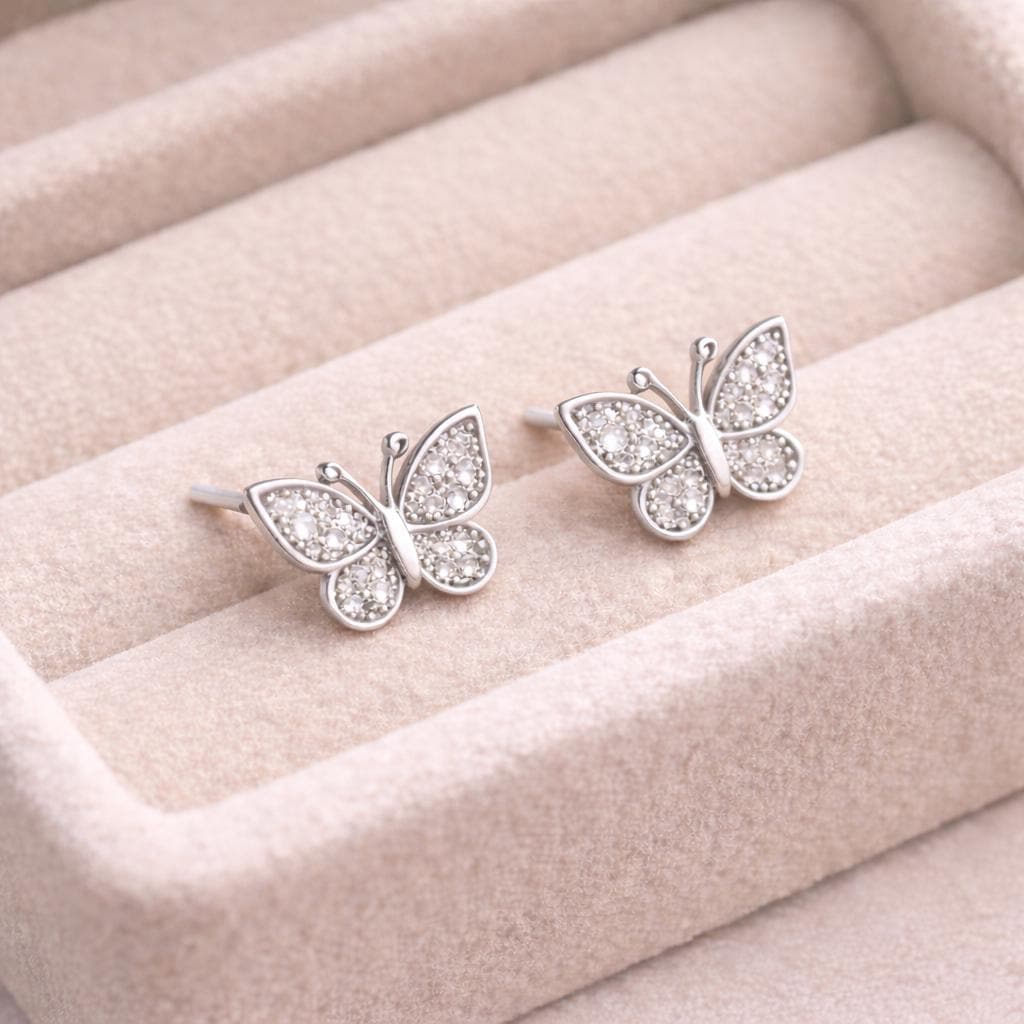 925 Sterling Silver Butterfly Stud Earrings CZ Diamond Nature Jewelry