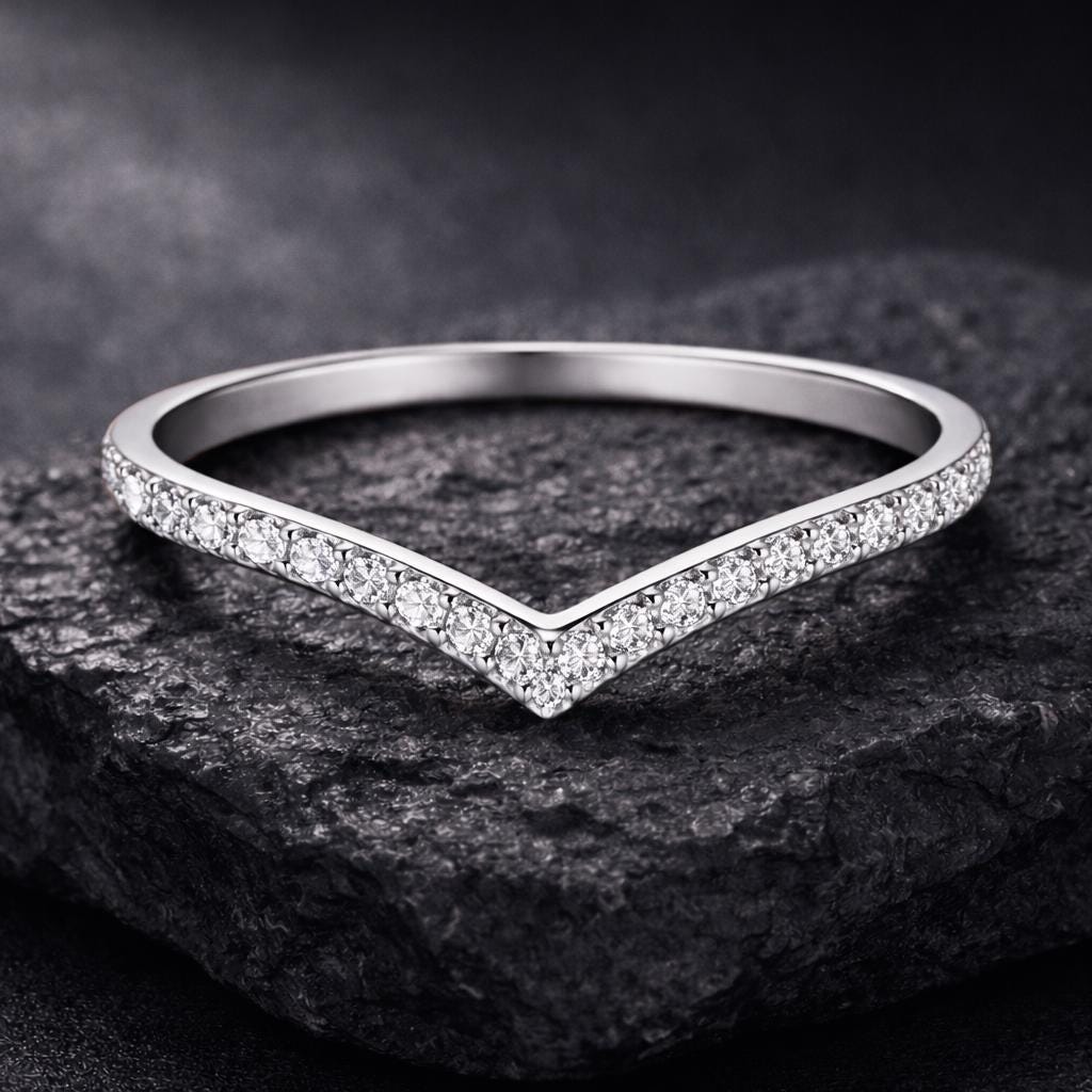 Chevron CZ Ring 925 Silver | V Shape Wedding Band | Minimal Stacking Ring | Dainty Diamond Look