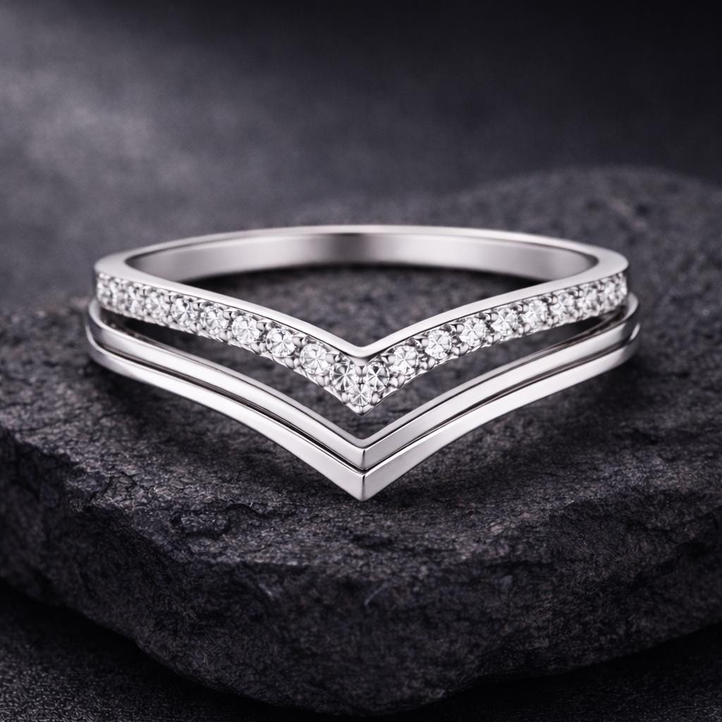 Double Chevron CZ 925 Silver | V Shape Stacking Ring | Wedding Band Set | Minimal Diamond Look