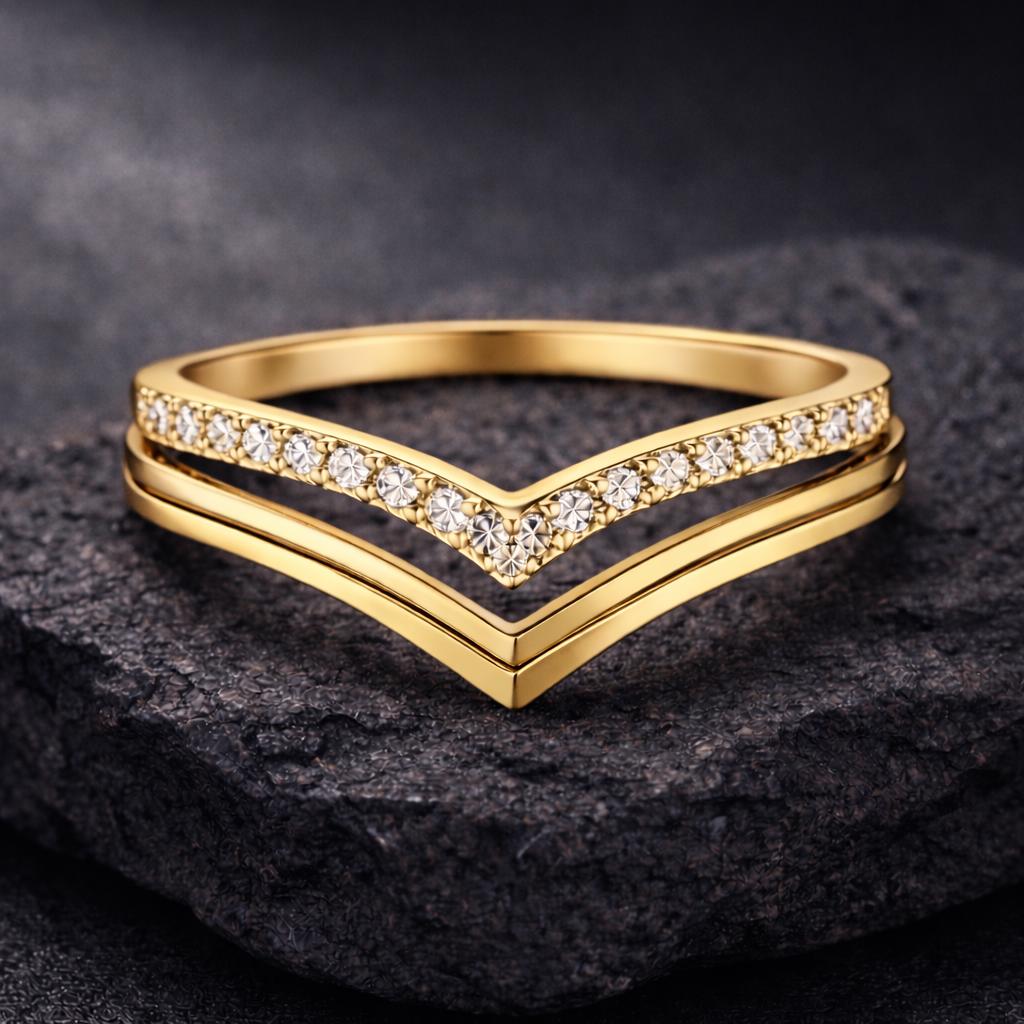 Double Chevron CZ 925 Silver | V Shape Stacking Ring | Wedding Band Set | Minimal Diamond Look