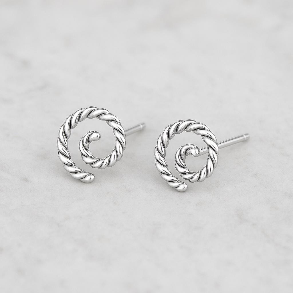 925 Silver Twisted Spiral Stud Earrings • Rope Swirl Minimalist Studs • Dainty for Women