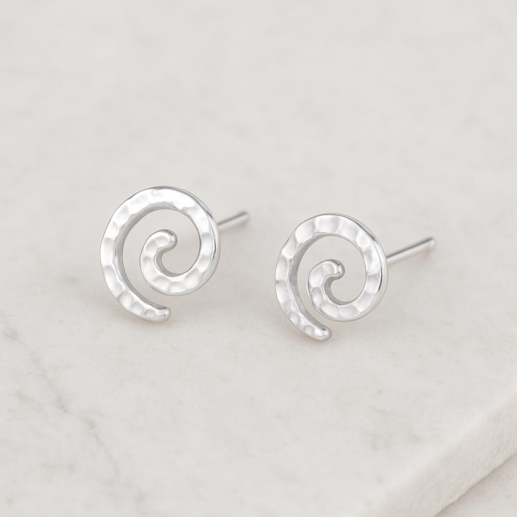 925 Silver Hammered Spiral Stud Earrings • Textured Swirl Minimalist Studs • Dainty for Women