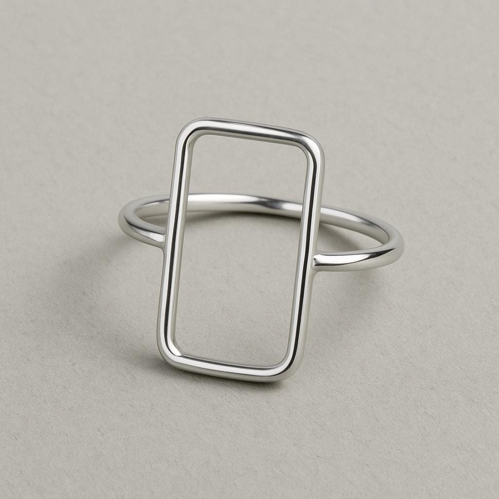 925 Silver Rectangle Ring • Minimalist Open Geometric Ring • Modern Band for Women