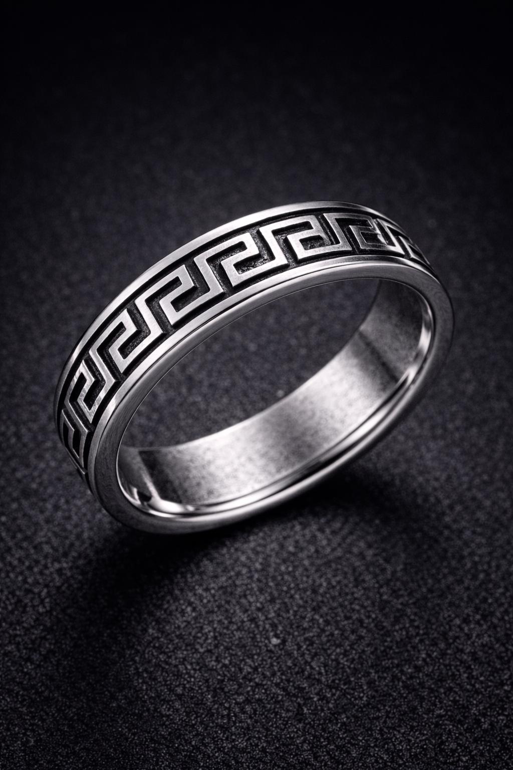 Sterling Silver Greek Key Ring | Unisex Meander Band