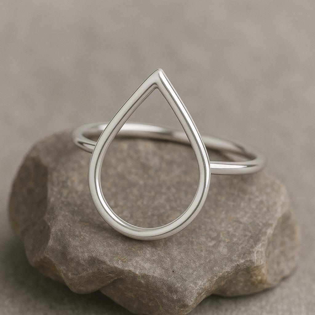 925 Silver Teardrop Ring • Open Drop Outline Ring • Minimalist Dainty Band for Women
