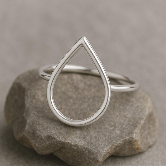 925 Silver Teardrop Ring • Open Drop Outline Ring • Minimalist Dainty Band for Women