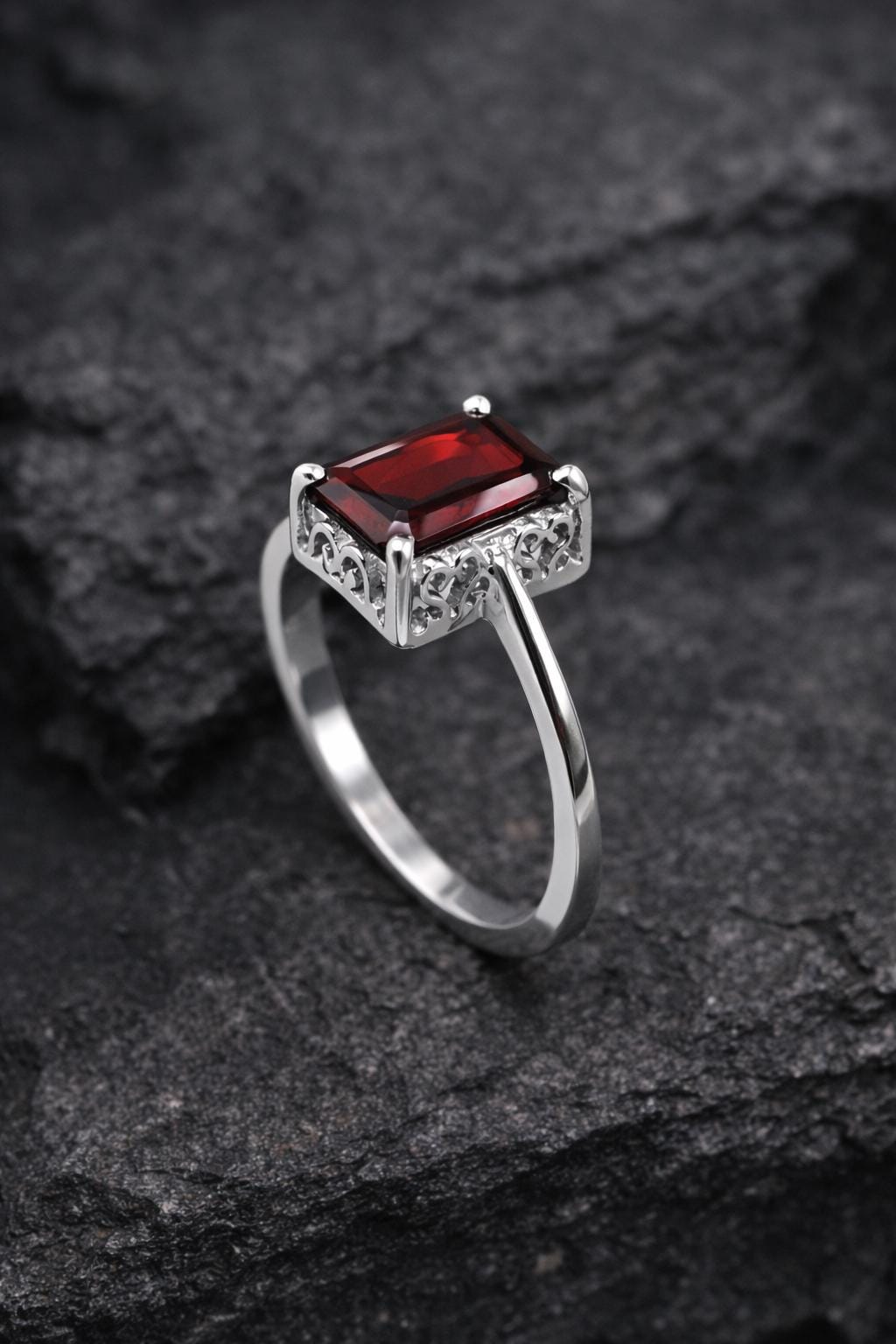 925 Silver Red Garnet Ring | Emerald Cut Statement | Dainty Gemstone Jewelry | Gift for Her