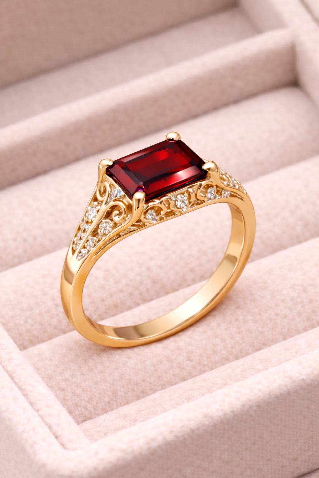 925 Silver Red Garnet | Emerald Cut | Filigree Ring | Dainty Statement Ring | Gift for Her