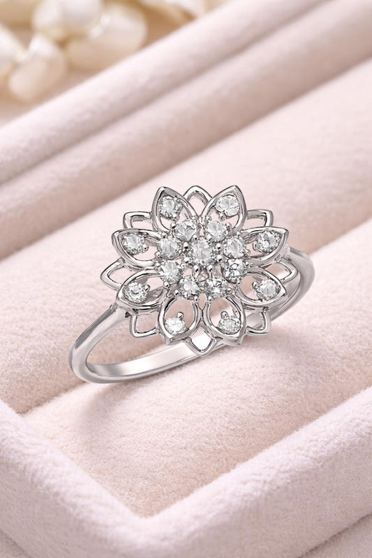 925 Silver Flower Halo Ring | CZ Floral Cluster | Dainty Statement Ring | Gift for Her
