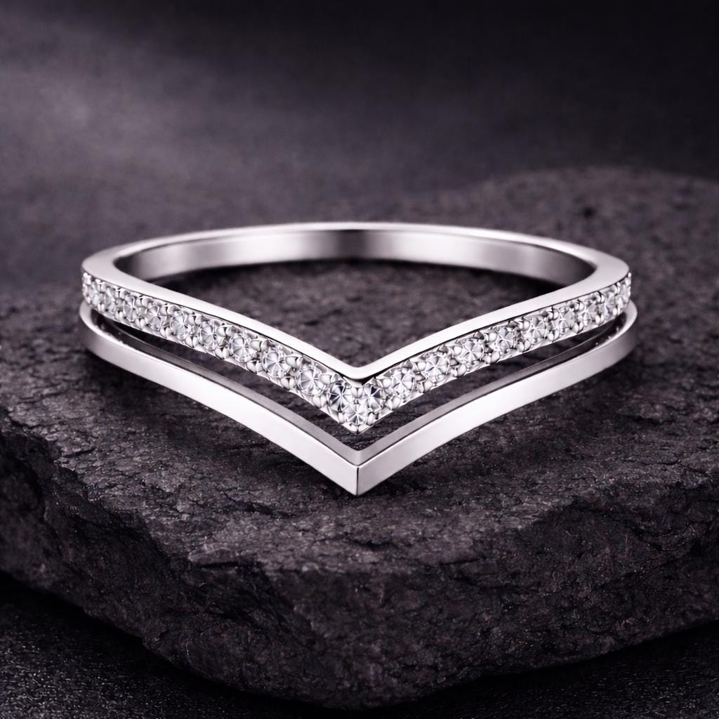 CZ Chevron Ring 925 Silver | Double V Stacking Band | Minimal Wedding Ring | Promise Gift
