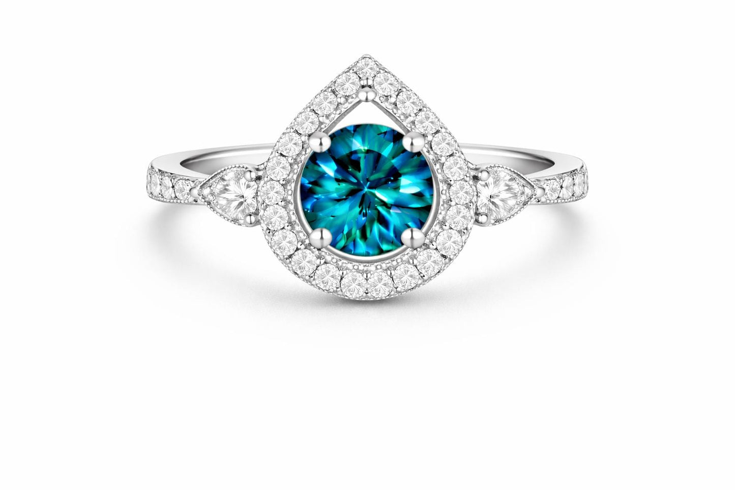 London Blue Topaz Ring | Pear Halo, 925 Sterling Silver