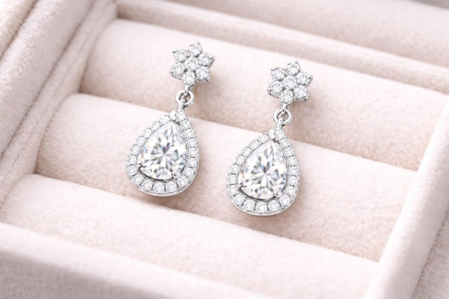 CZ Drop Earrings | Pear Halo Dangle | Cubic Zirconia Bridal Earrings | Sterling Silver Jewelry