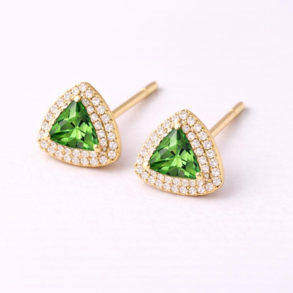 Green CZ Triangle Stud Earrings 925 Silver | Halo Studs | Minimal Earrings