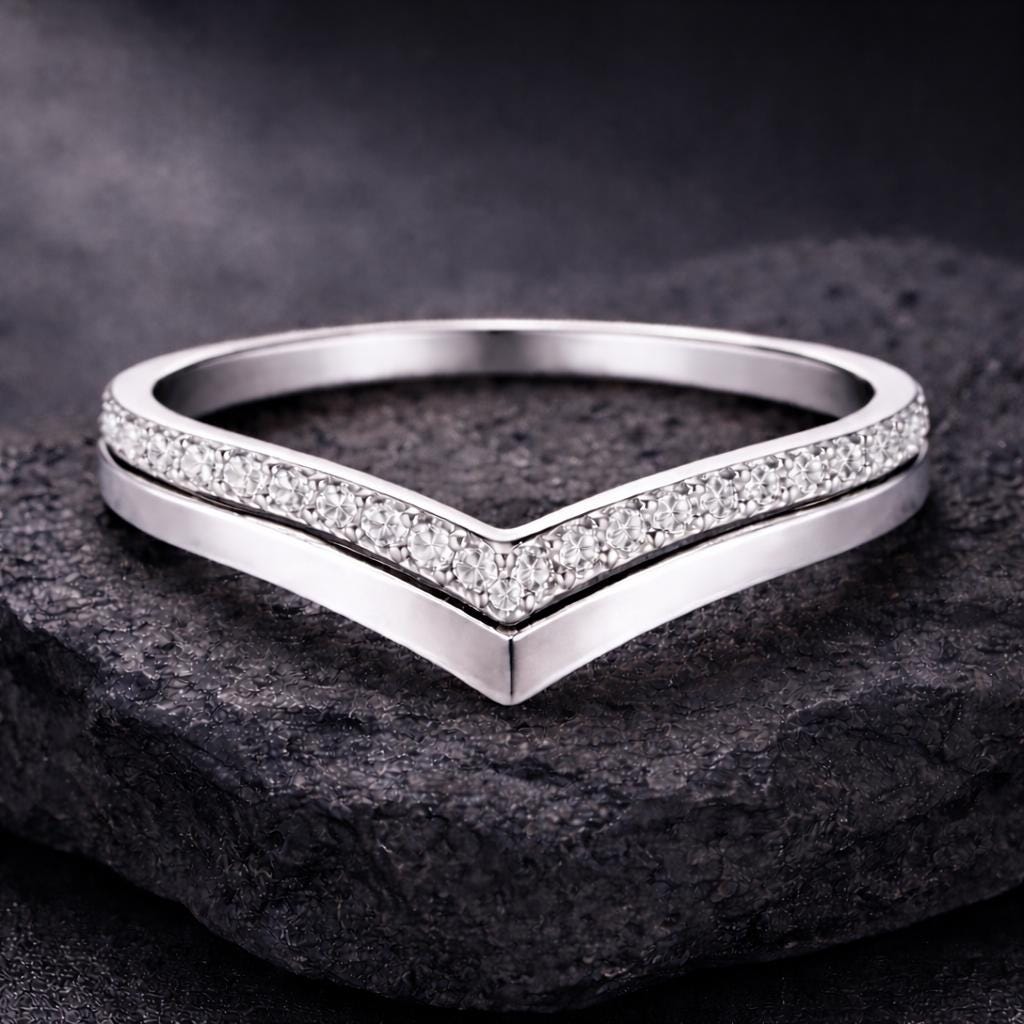 Double Chevron CZ Ring 925 Silver | V Shape Wedding Band | Stacking Ring | Minimal Diamond Look