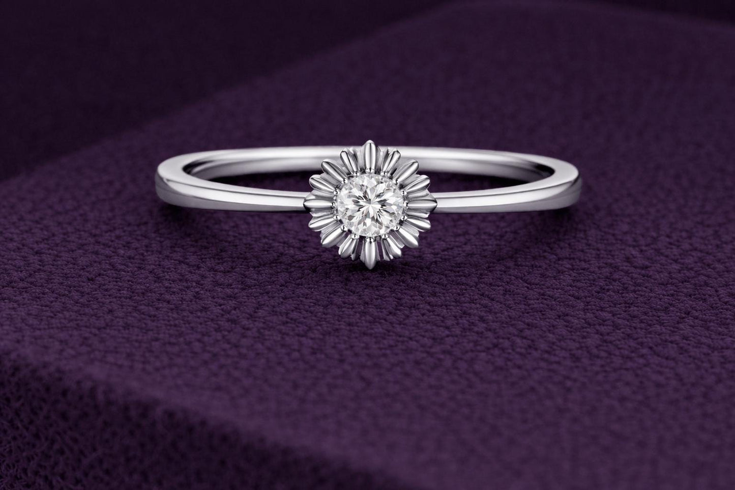 Floral CZ Ring 925 Silver | Sunburst Solitaire | Minimal Promise Ring | Dainty Diamond Look