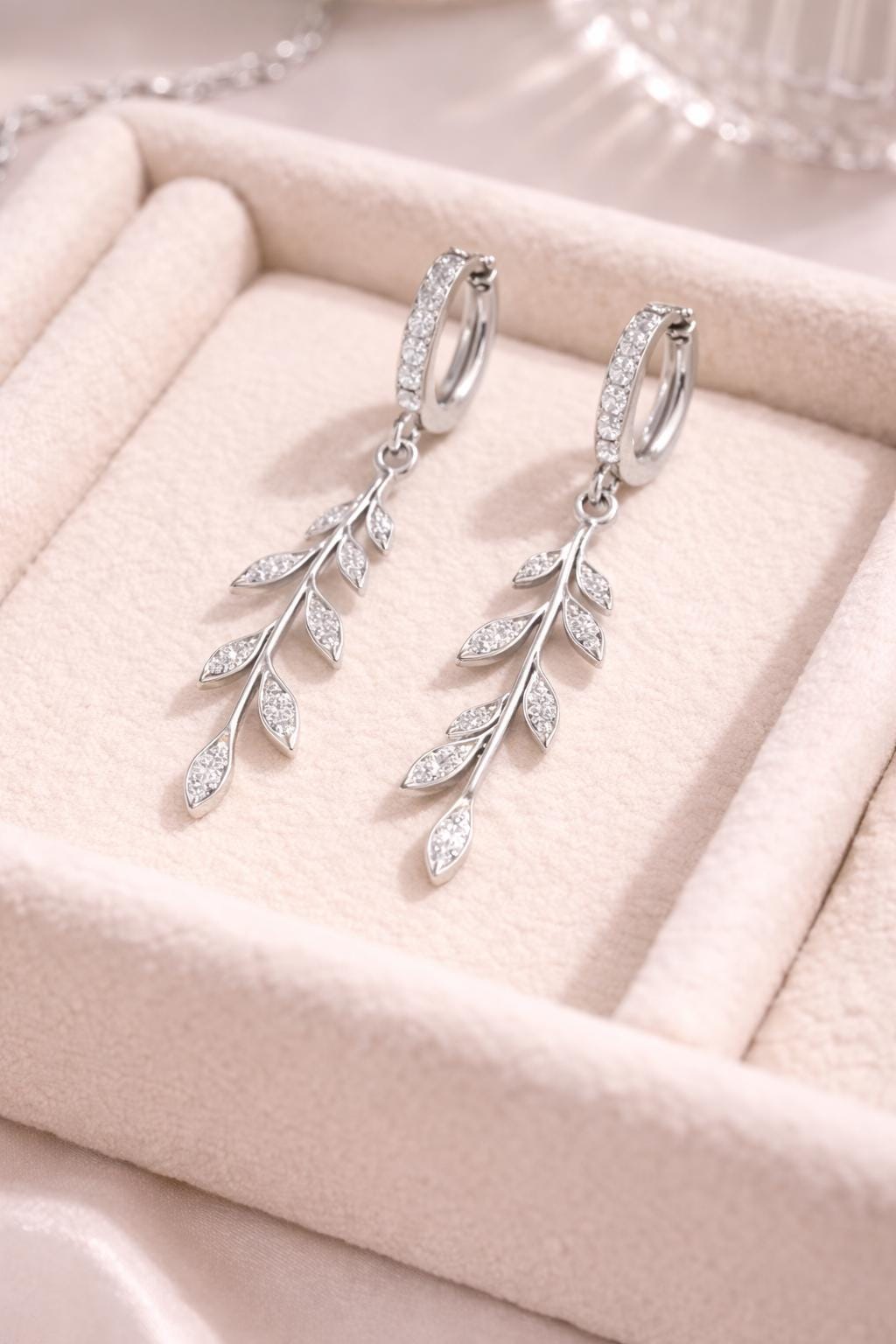 925 Silver Leaf Drop Earrings | CZ Huggie Hoop | Nature Inspired Dangle Earrings