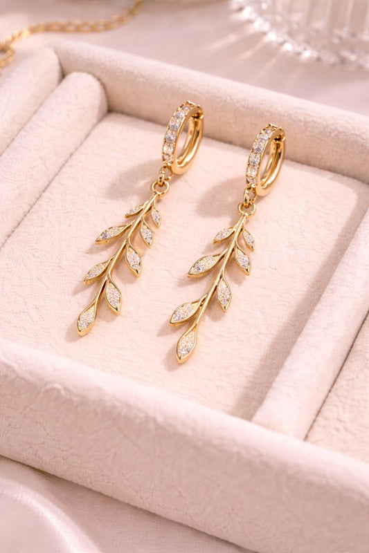 925 Silver Leaf Drop Earrings | CZ Huggie Hoop | Nature Inspired Dangle Earrings
