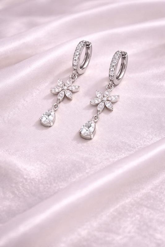 925 Silver Floral Drop Earrings | CZ Flower Dangle Hoop | Elegant Sterling Silver Jewelry |
