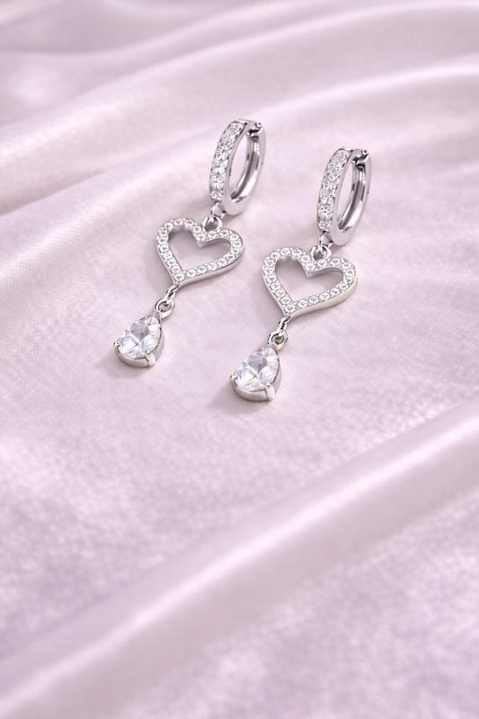 925 Silver Heart Drop Earrings | CZ Dangle Hoop | Romantic Sterling Silver Jewelry |