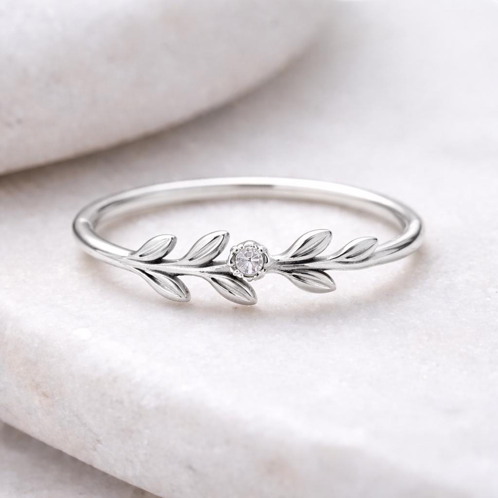 Sterling Silver Olive Leaf Ring | CZ Nature Band