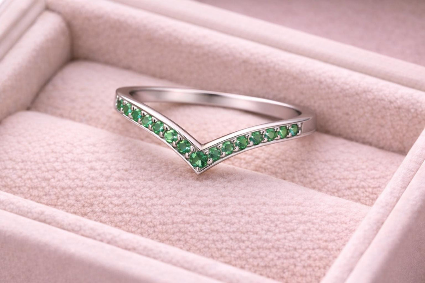 Green CZ Chevron Ring 925 Silver | V Shape Ring | Minimal Wedding Band | Stacking