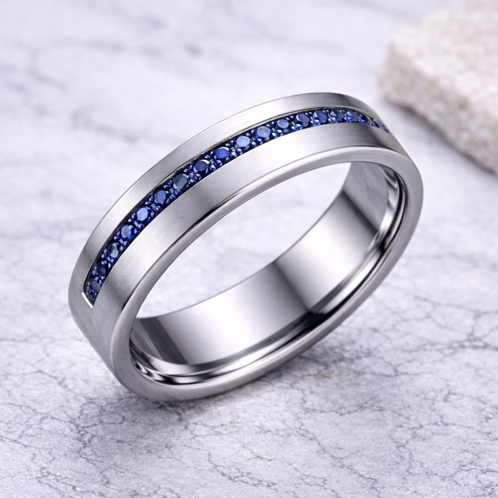 Blue CZ Silver 925 | Mens Wedding Band | Matte Silver | Channel Set Ring