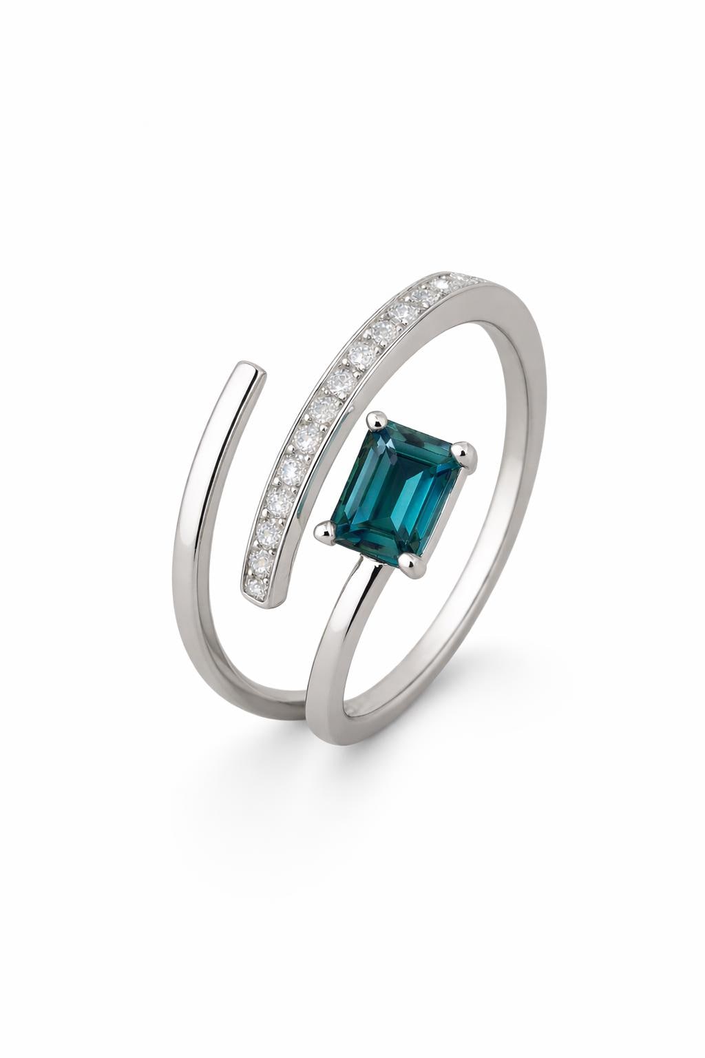 Emerald Cut London Blue Topaz Ring | Sterling Silver Open Bypass Design