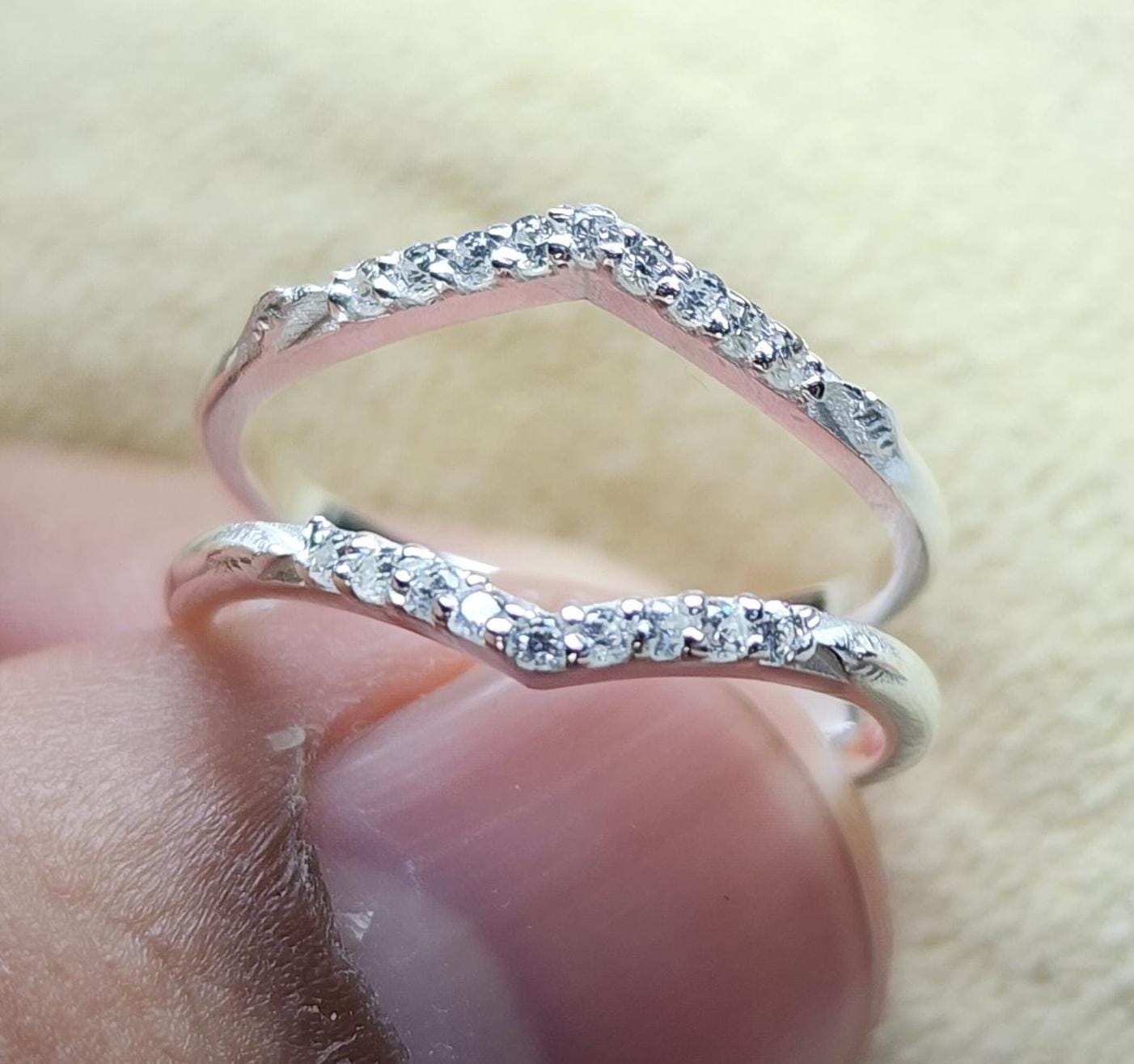 925 Silver Double Chevron CZ Band – Dainty Stacking V Shaped Wedding Anniversary Ring