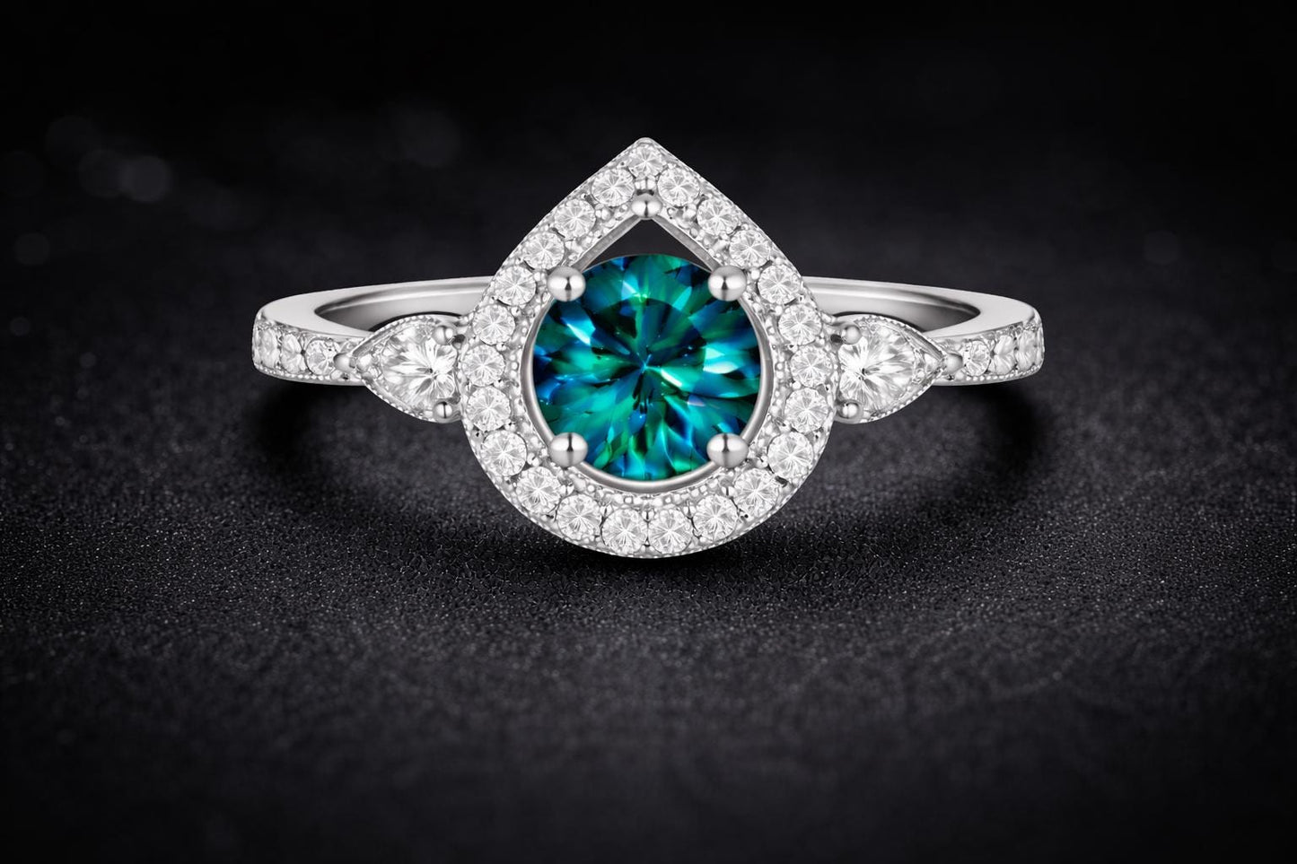 London Blue Topaz Ring | Pear Halo, 925 Sterling Silver