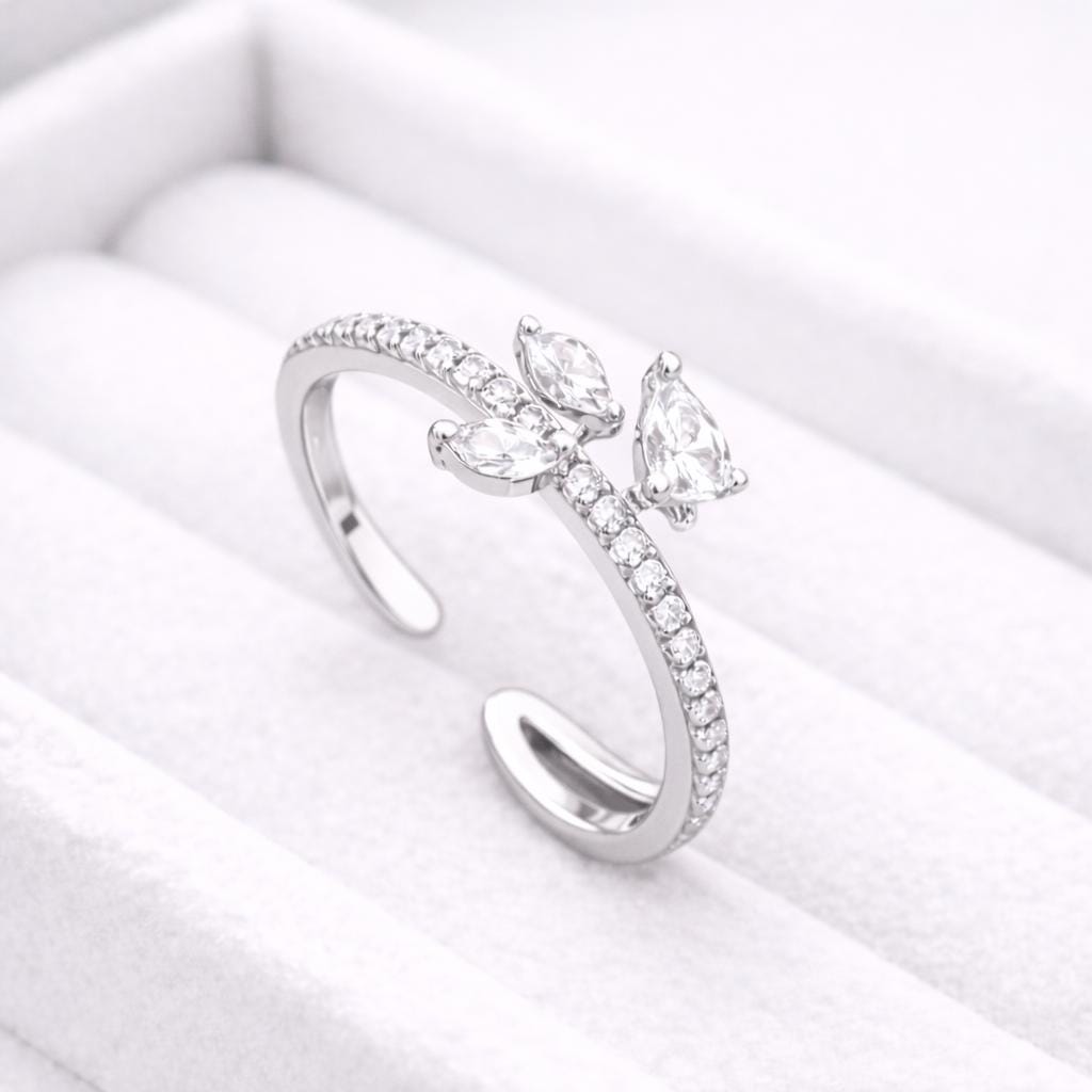 CZ Leaf Ring | Sterling Silver Adjustable Open Band