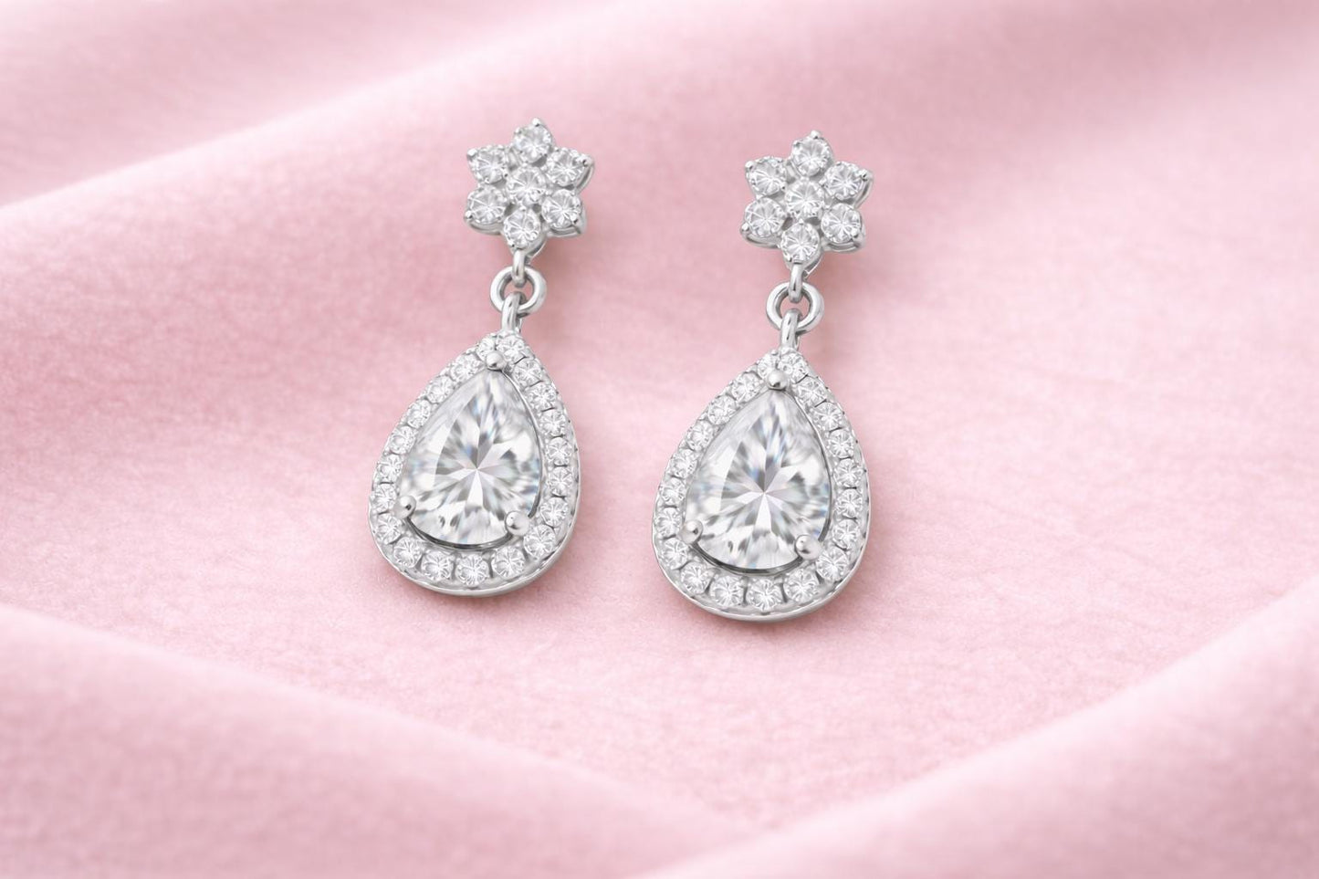 CZ Drop Earrings | Pear Halo Dangle | Cubic Zirconia Bridal Earrings | Sterling Silver Jewelry