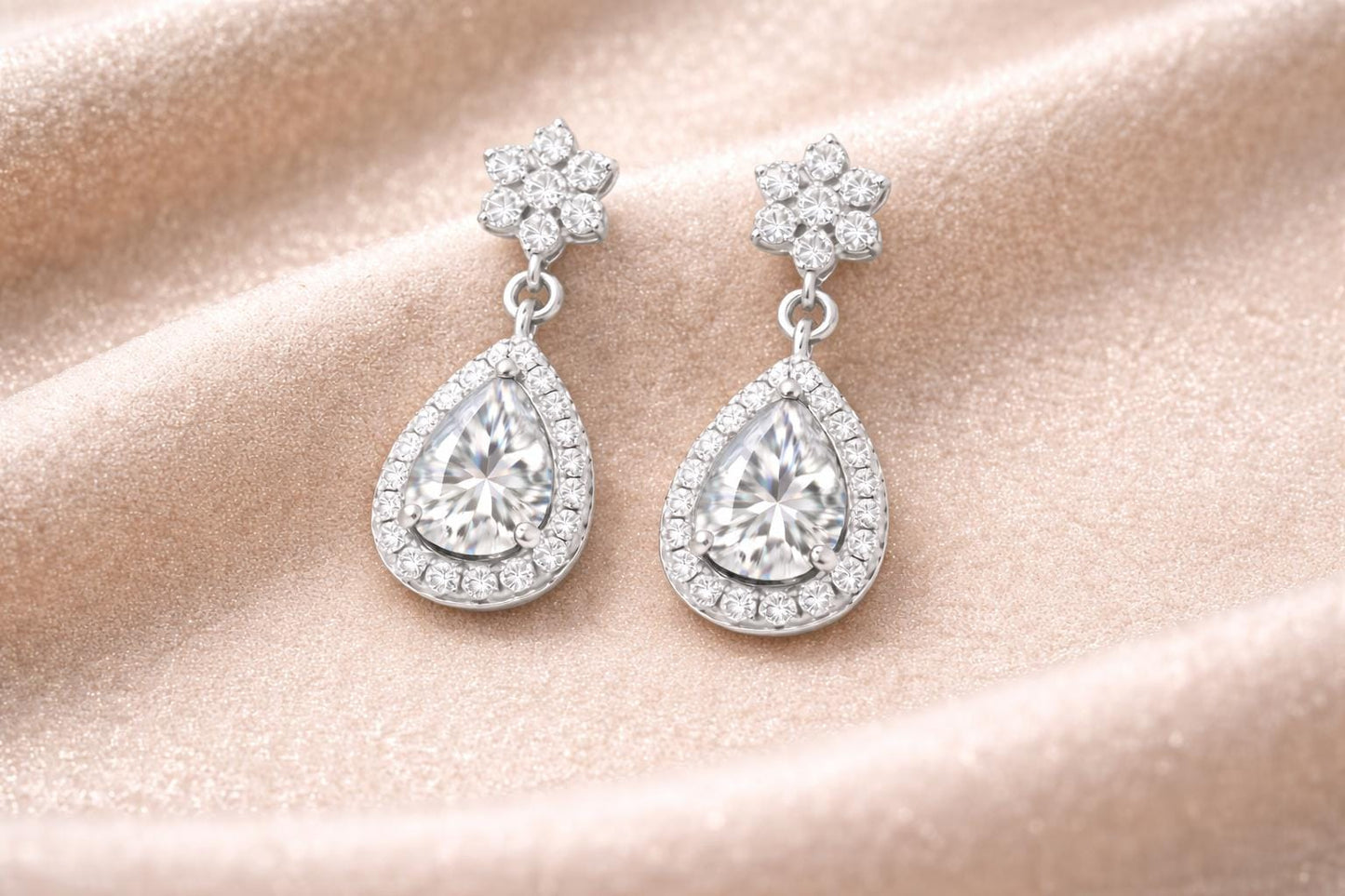 CZ Drop Earrings | Pear Halo Dangle | Cubic Zirconia Bridal Earrings | Sterling Silver Jewelry