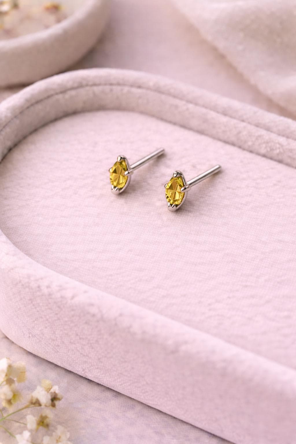 Yellow CZ Stud Earrings | 925 Sterling Silver Marquise Studs | Minimal Dainty Citrine Look Jewelry