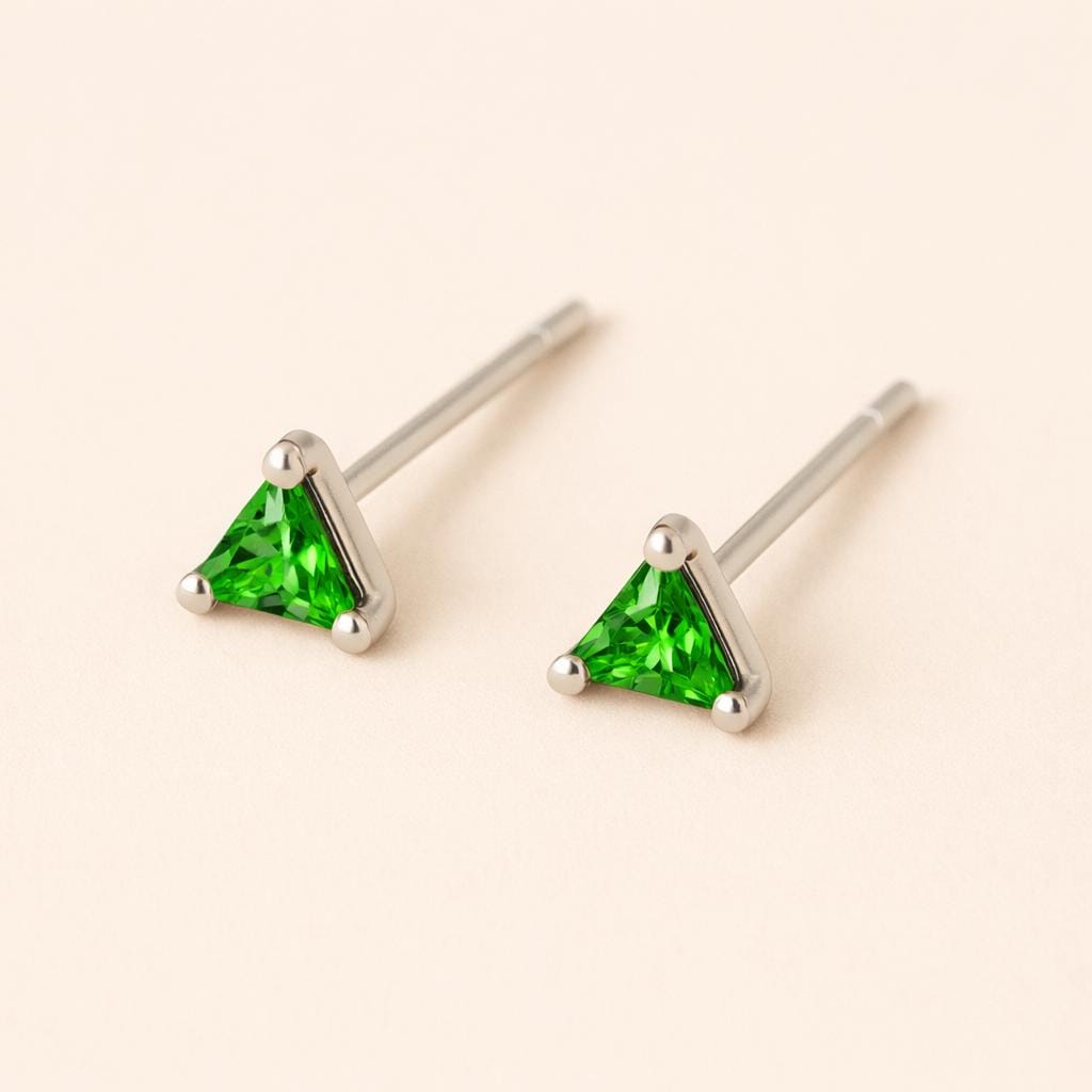 Green CZ Stud 925 Silver | Triangle Studs | Minimal Silver Earrings
